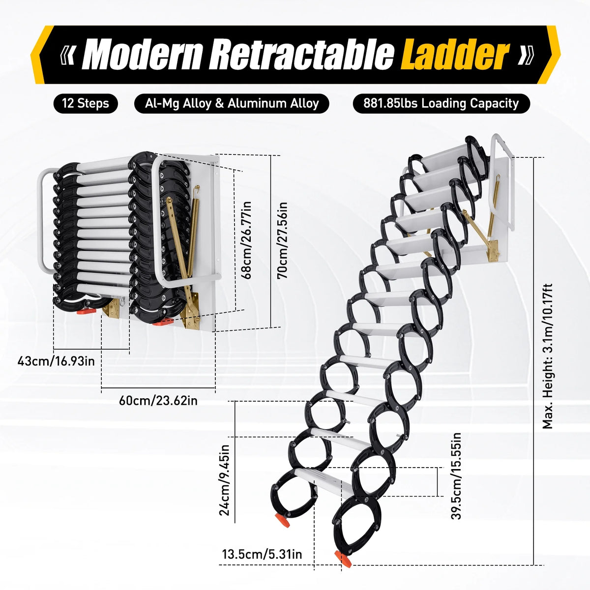 Telescopic Pull-down Attic Ladder Stairs, 12 Steps Wall Mounted Folding Scissor Structure Collapsible Stairs, Black L52089
