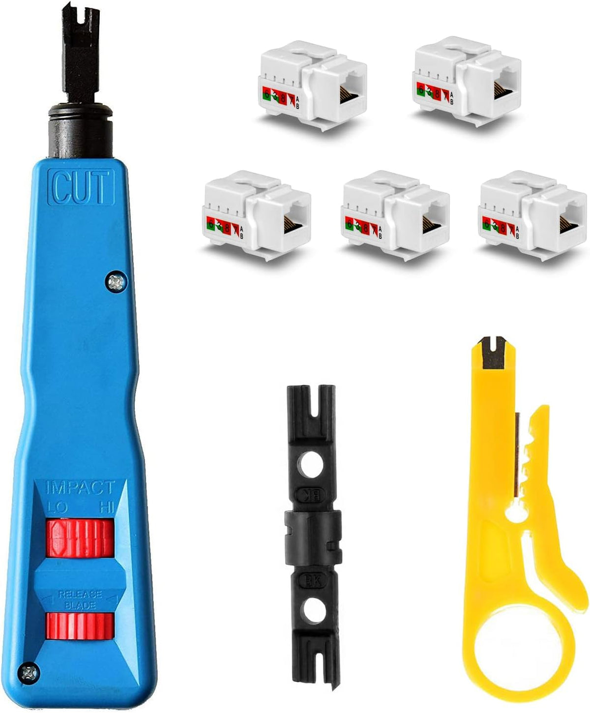 Punch Down Tool Kit with 110 & BK Blade, 5PCS Cat6 RJ45 Keystone Jack, Network Wire Stripper Tool Kits U95702