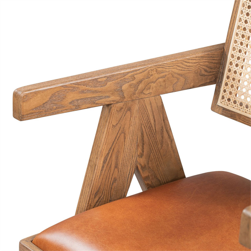 Tan Top-Grain Leather & Wood Dining Chair with Rattan Back C247