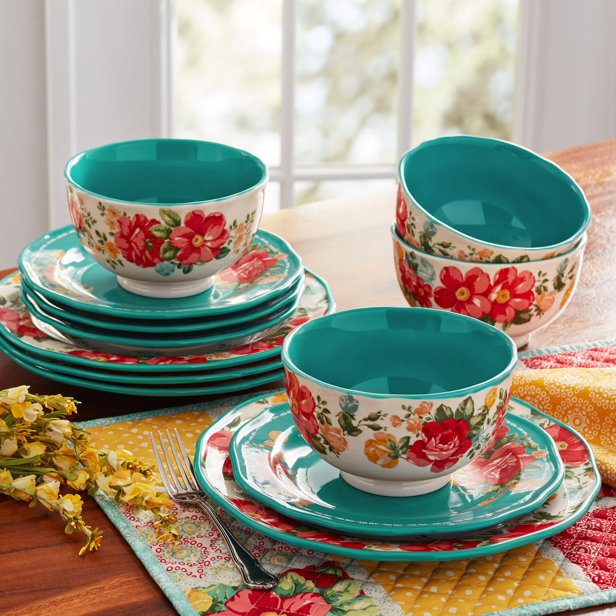 Vintage Floral 12-Piece Dinnerware Set, Teal Z3530