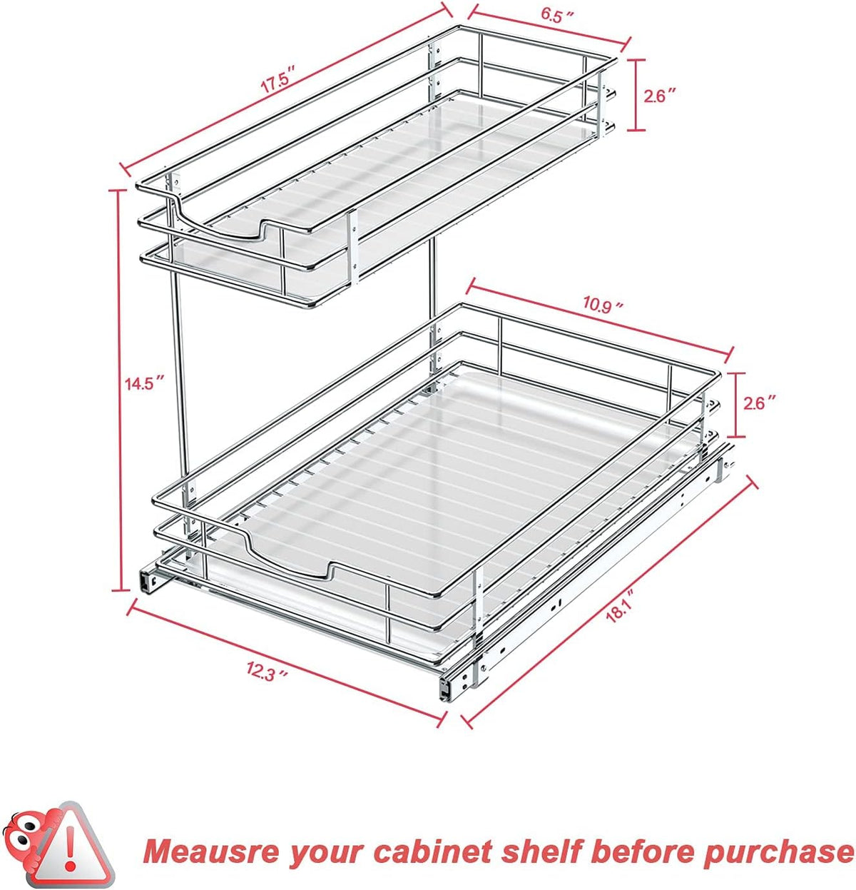 Under Sink Cabinet Organizer with 2 Tier Pull Out Sliding Shelf, 12.2Wx18.1Dx14.5H-Inch - Silver K2140