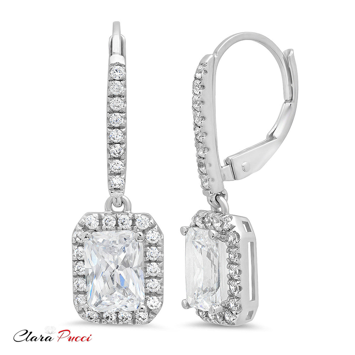 14K White Gold Emerald Cut Halo Drop Dangle Earrings U938