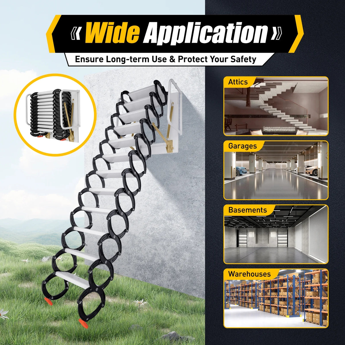 Telescopic Pull-down Attic Ladder Stairs, 12 Steps Wall Mounted Folding Scissor Structure Collapsible Stairs, Black L52089