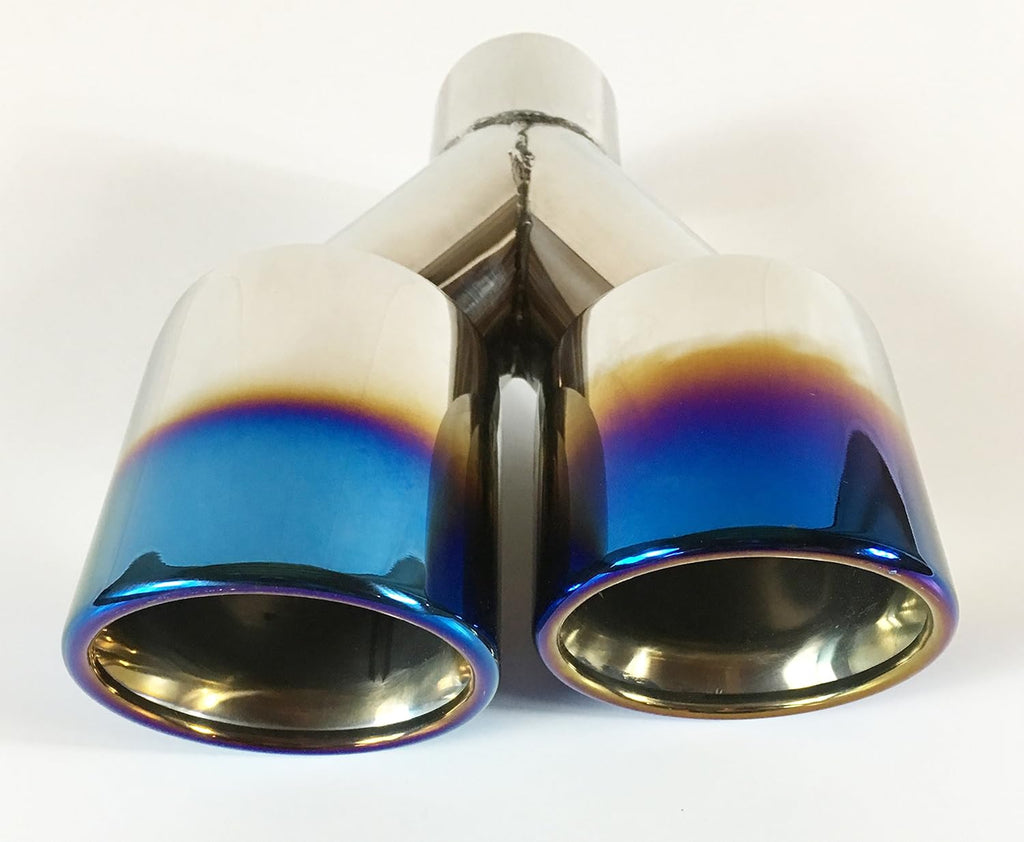 2.25" Inlet 3.00" X 2.5" Outlet 9.50" long Dual Round Staggered Slant Stainless Steel Blue Flame Exhaust Tip E225437
