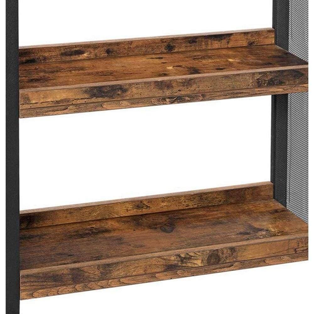 3 Tier Wood and Metal Kitchen Cart with Mesh Side Panel, Brown and Black L9306