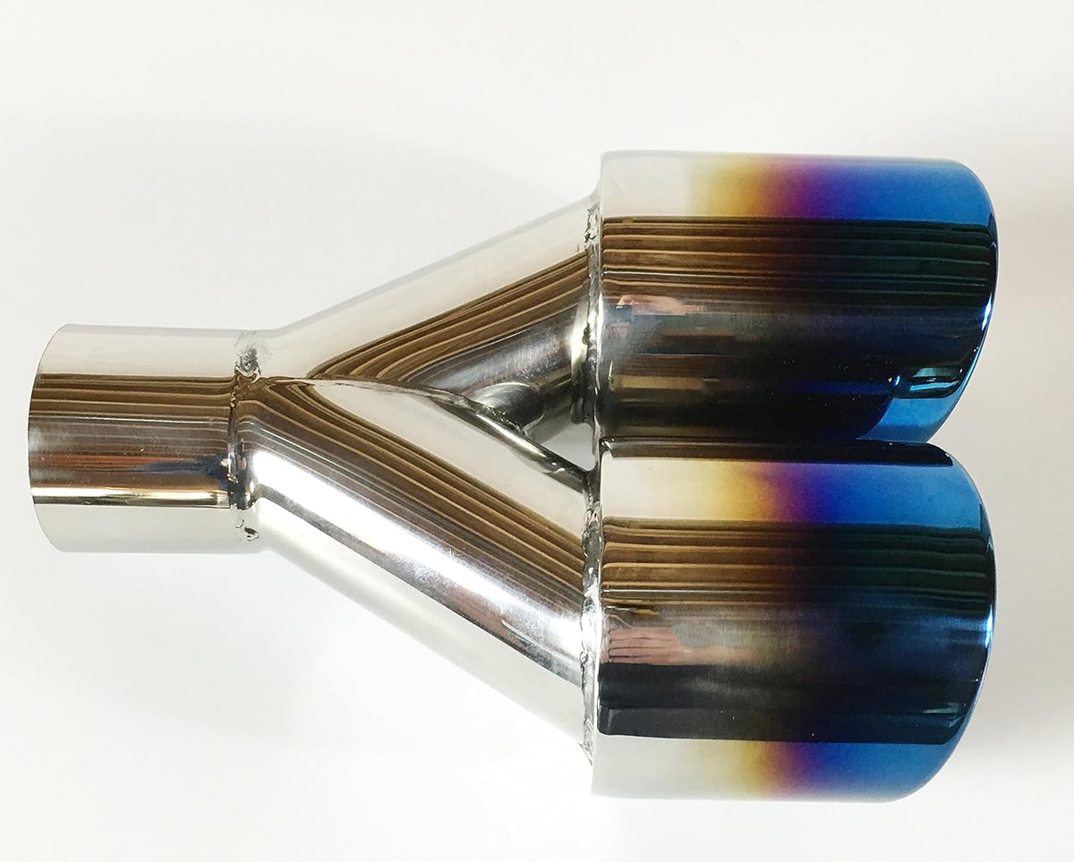 2.25" Inlet 3.00" X 2.5" Outlet 9.50" long Dual Round Staggered Slant Stainless Steel Blue Flame Exhaust Tip E225437