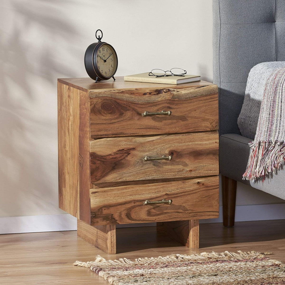 Dark Natural Acacia Wood 3 Drawer Nightstand Z76052