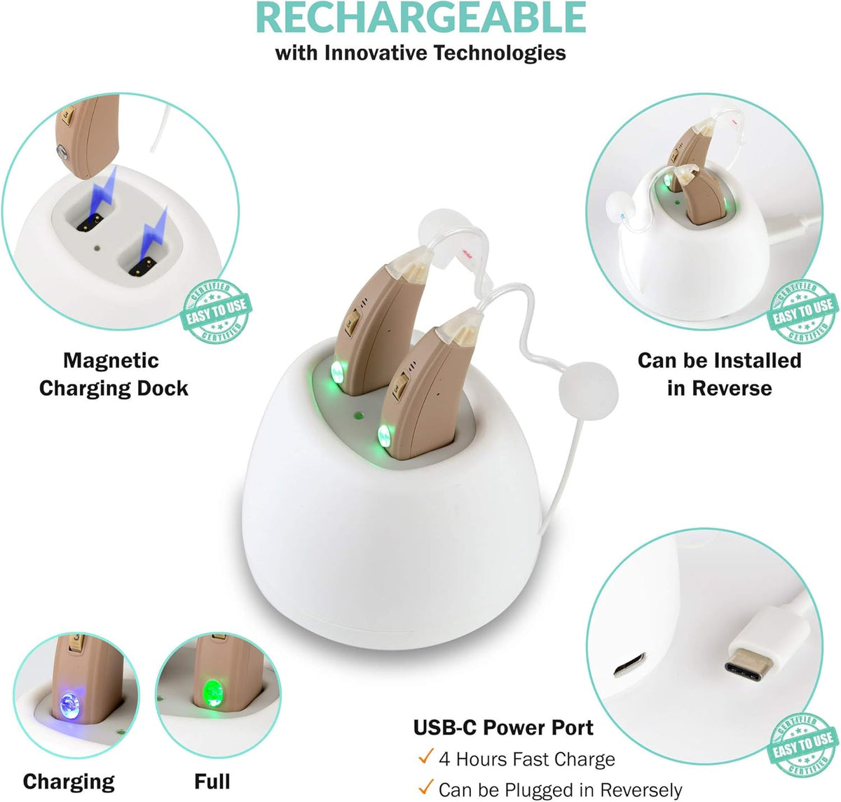 Rechargeable Hearing Aids with Dual Microphone Noise Cancelling A2639
