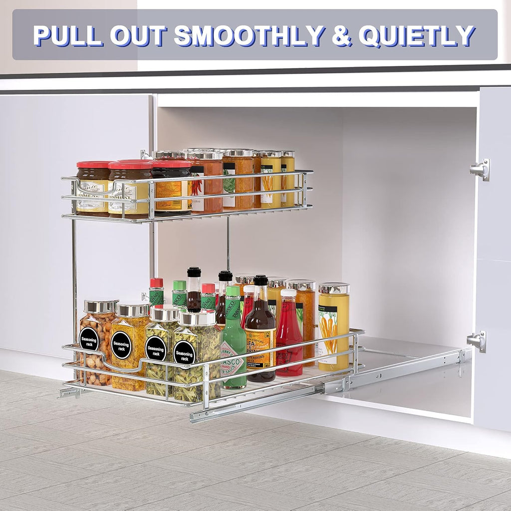 Under Sink Cabinet Organizer with 2 Tier Pull Out Sliding Shelf, 12.2Wx18.1Dx14.5H-Inch - Silver K2140