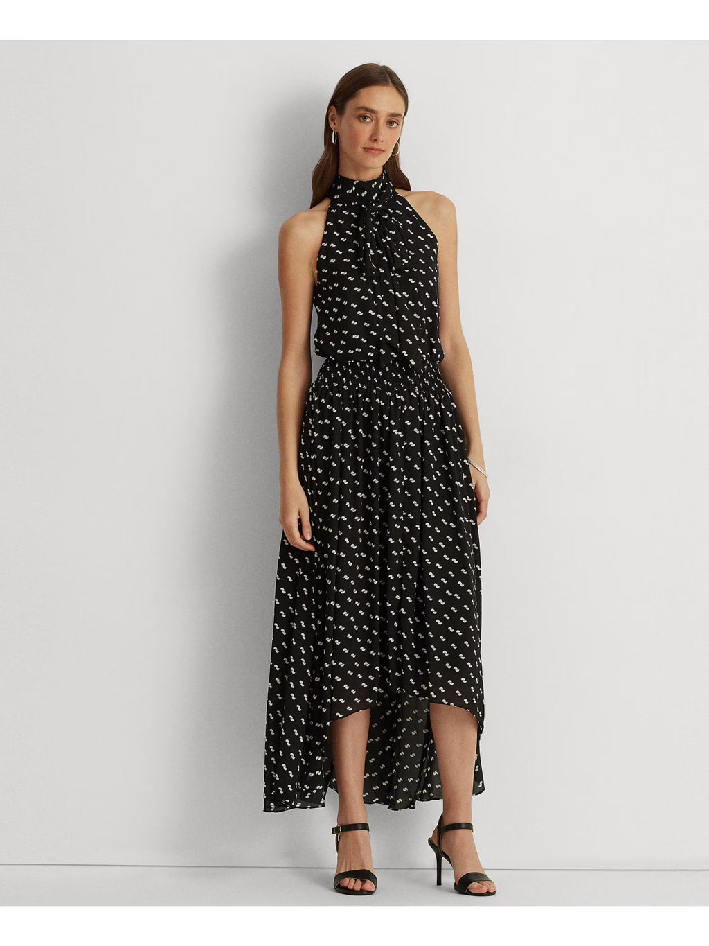 Black Smocked Tie Keyhole Back Lined Printed Sleeveless Halter Maxi Hi-Lo Dress D203