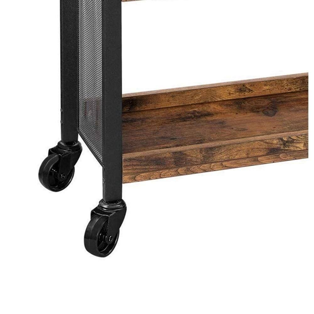 3 Tier Wood and Metal Kitchen Cart with Mesh Side Panel, Brown and Black L9306