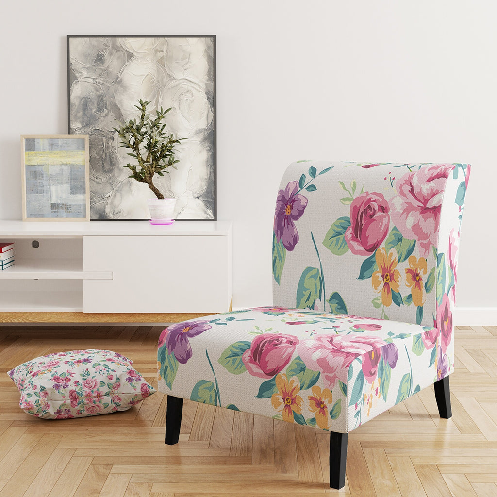Vintage White And Pink Floral Pattern Upholstered Accent Chair K84533