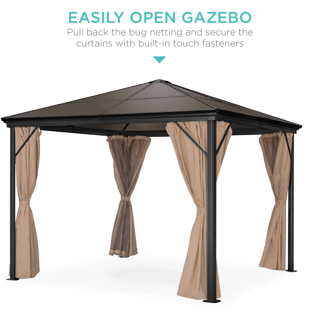 10x10ft Hardtop Gazebo with Side Curtains, Netting B8474