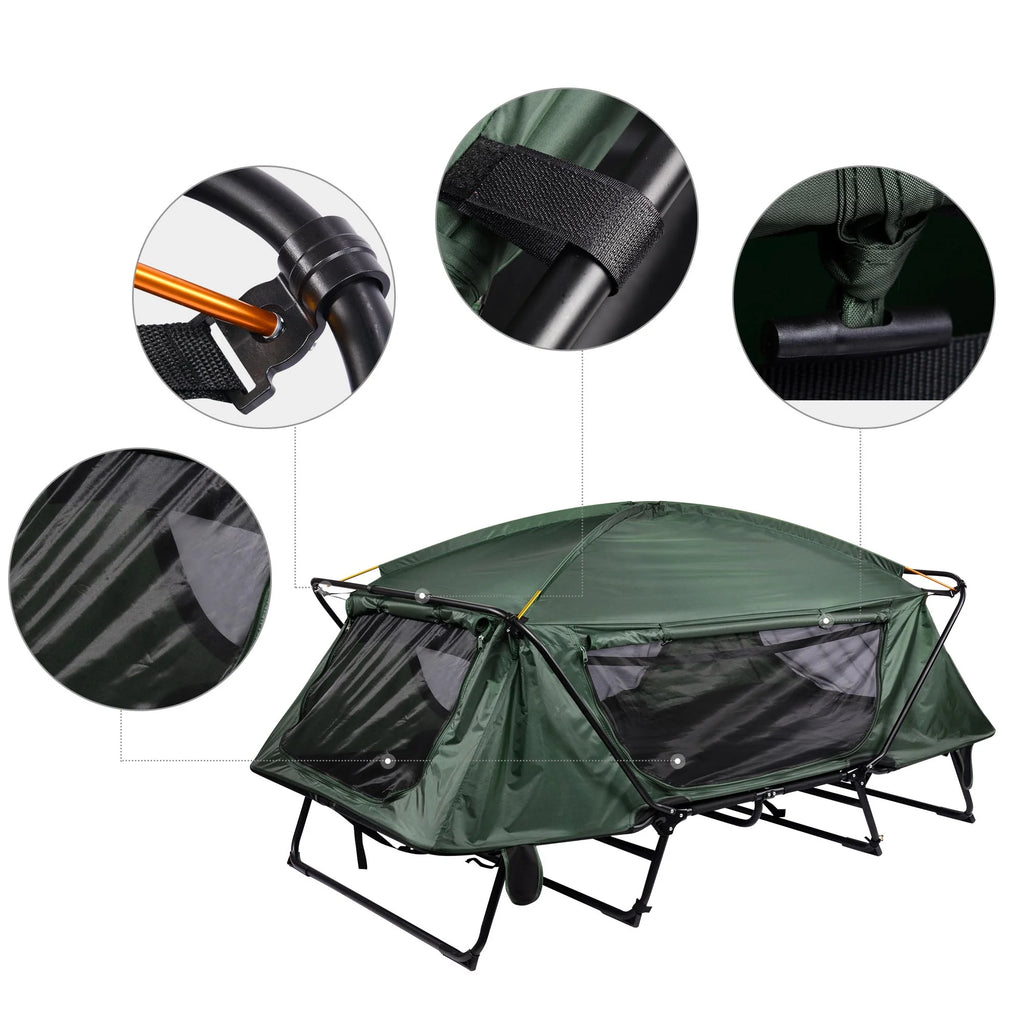 Green Double Tent Cot Folding Portable Waterproof Camping Bed for 2 Person with Rain Fly Bag Q663260