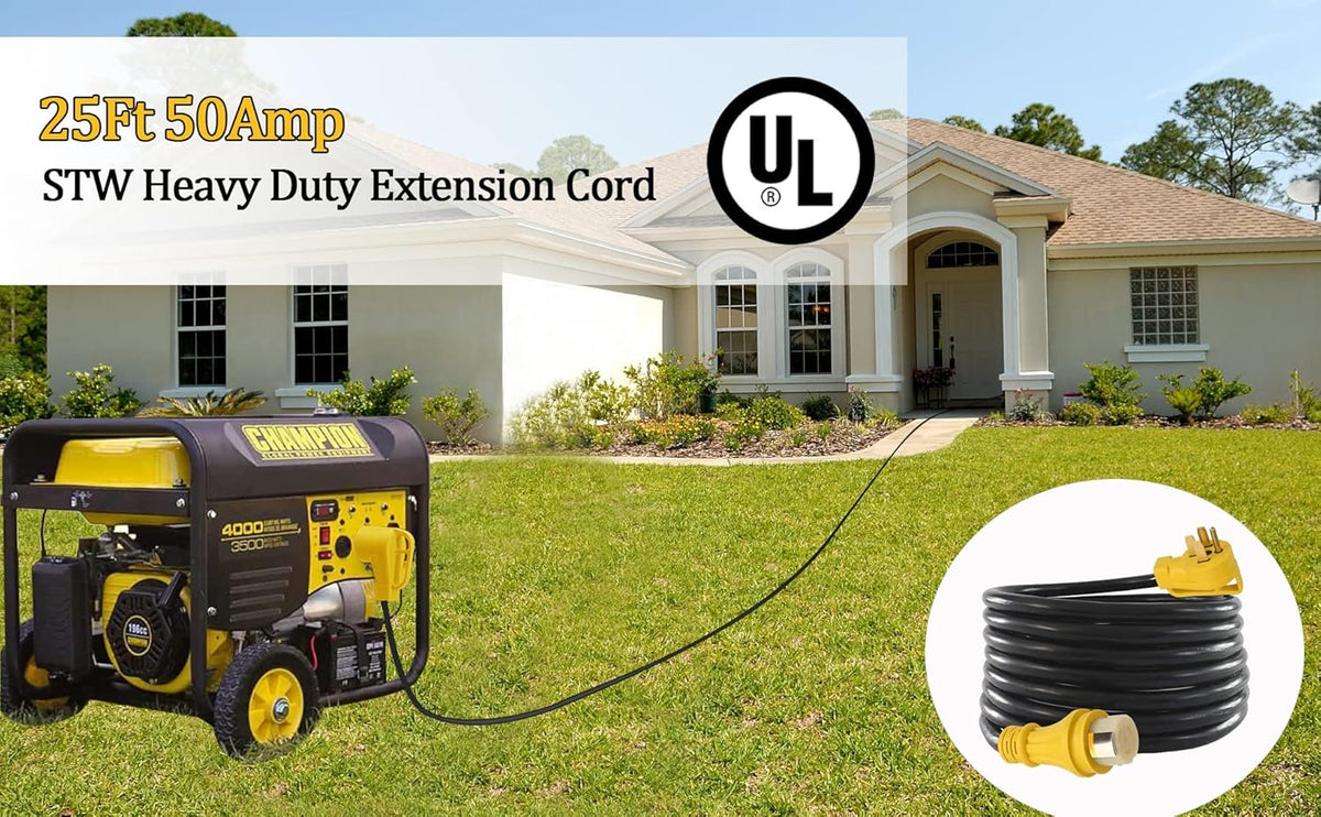 25Ft 50Amp STW Heavy Duty RV Extension Cord, 14-50P Male and SS2-50R Twist-Locking Female, 125V/250V K39194
