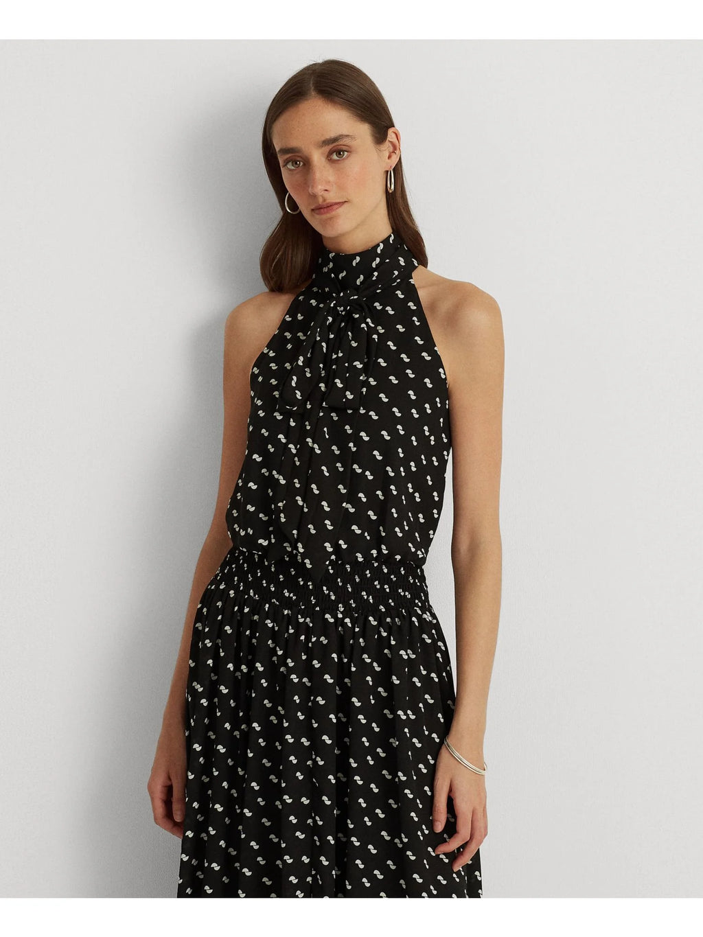 Black Smocked Tie Keyhole Back Lined Printed Sleeveless Halter Maxi Hi-Lo Dress D203