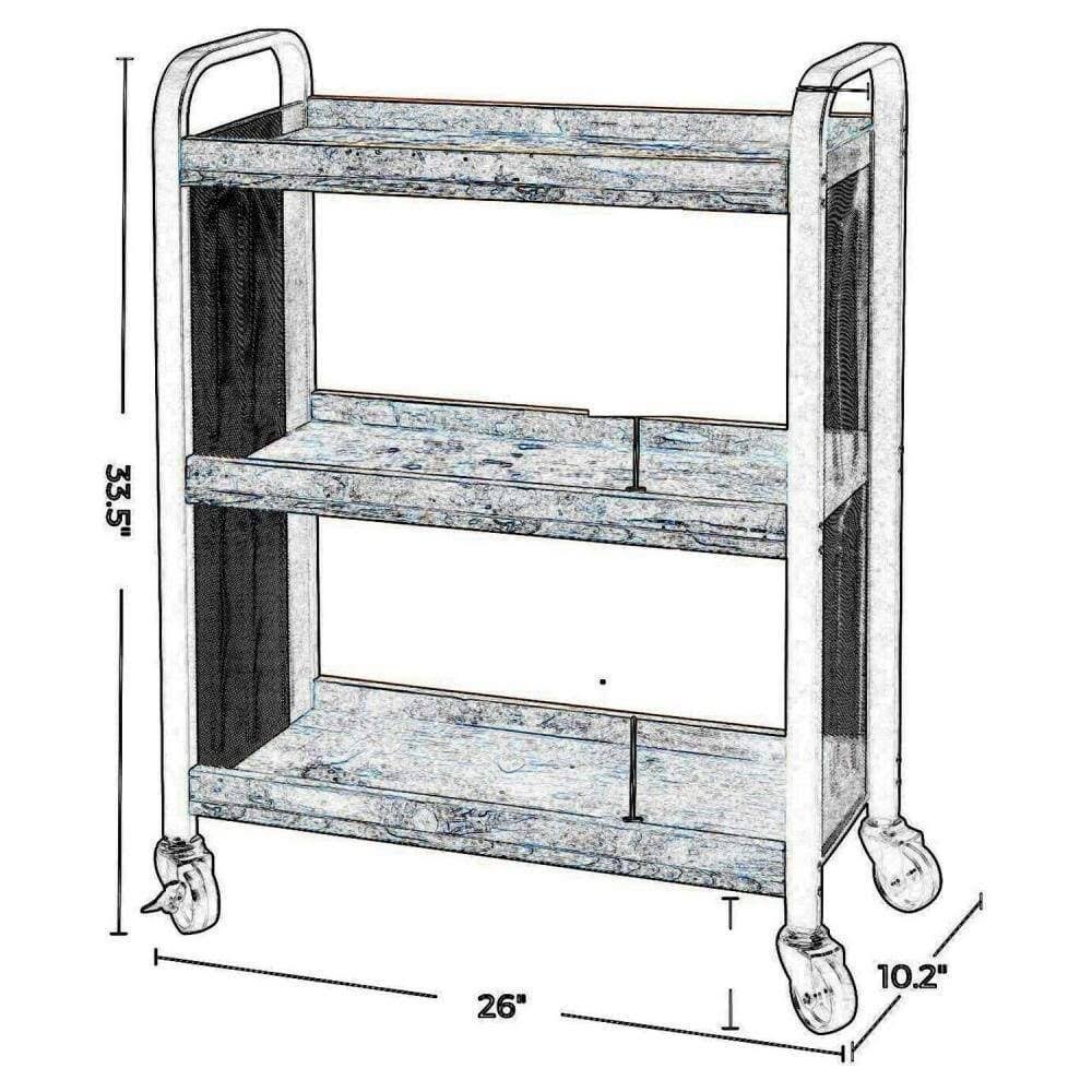 3 Tier Wood and Metal Kitchen Cart with Mesh Side Panel, Brown and Black L9306