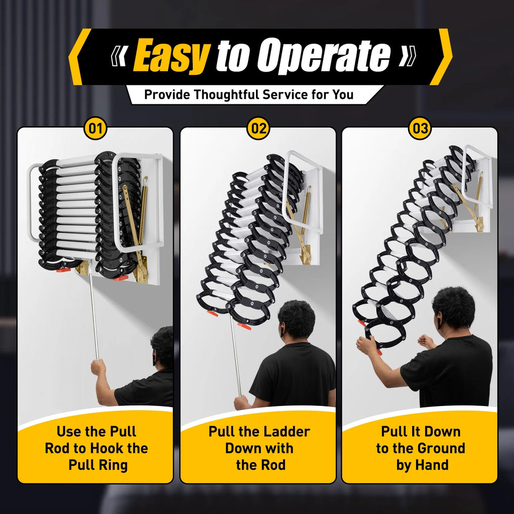 Telescopic Pull-down Attic Ladder Stairs, 12 Steps Wall Mounted Folding Scissor Structure Collapsible Stairs, Black L52089