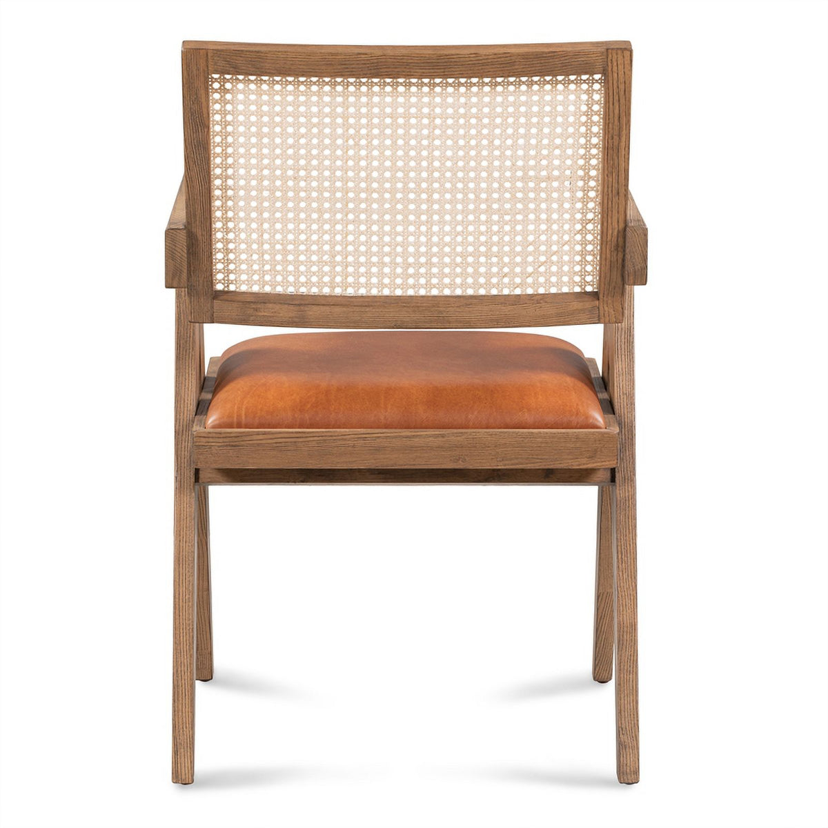 Tan Top-Grain Leather & Wood Dining Chair with Rattan Back C247