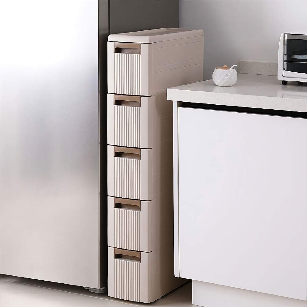5 Storage Drawers Rolling Cart Organizer Plastic Unit on Wheels Narrow Slim Cabinet 17.7 x 7 x 38.8 Inches S971