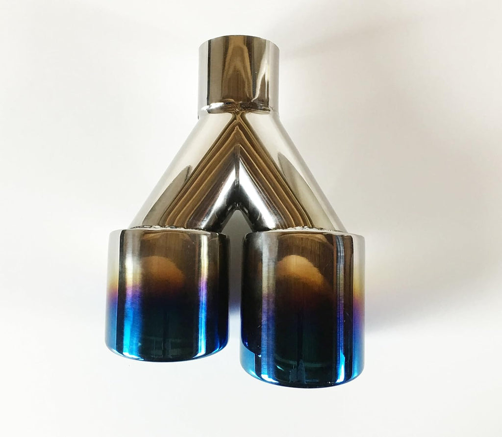 2.25" Inlet 3.00" X 2.5" Outlet 9.50" long Dual Round Staggered Slant Stainless Steel Blue Flame Exhaust Tip E225437