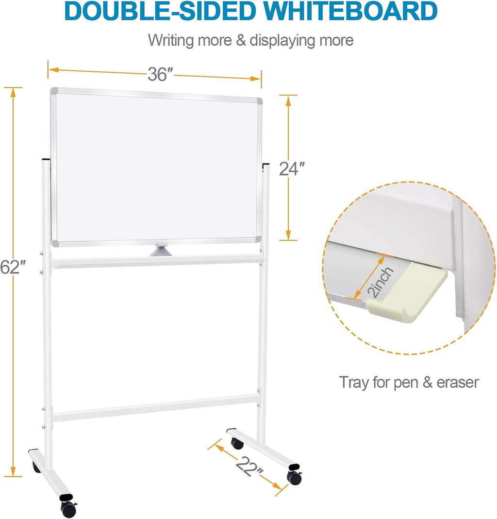 36x24 Double Sided Magnetic Dry Erase Board on Wheels with Stand L783