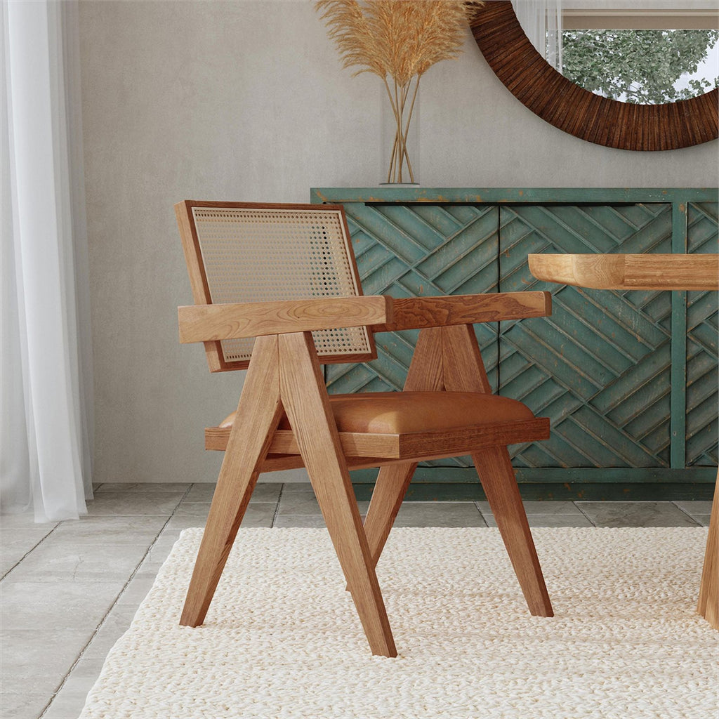 Tan Top-Grain Leather & Wood Dining Chair with Rattan Back C247