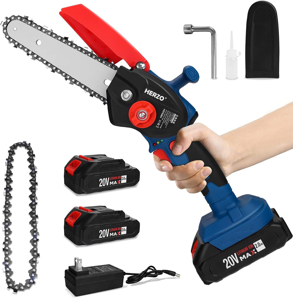 Mini Cordless Chainsaw with 2Pcs Batteries and 2Pcs Chain, 6 Inch One-Hand Electric Power Chainsaw, 20V 2000MAh Rechargeable Battery Operated V355