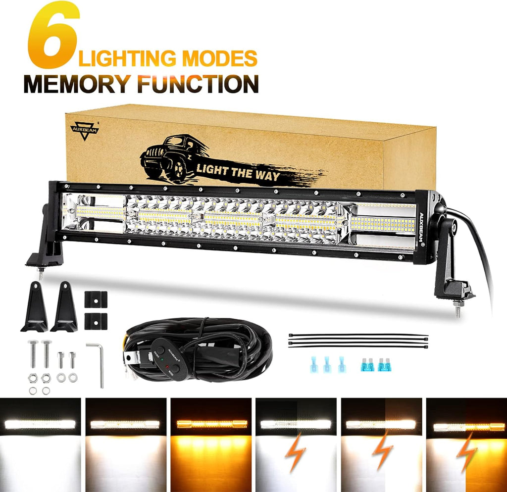 22 Inch 120W 6 Modes Amber White Flood Spot Combo LED Light Bar with Wiring Harness A489