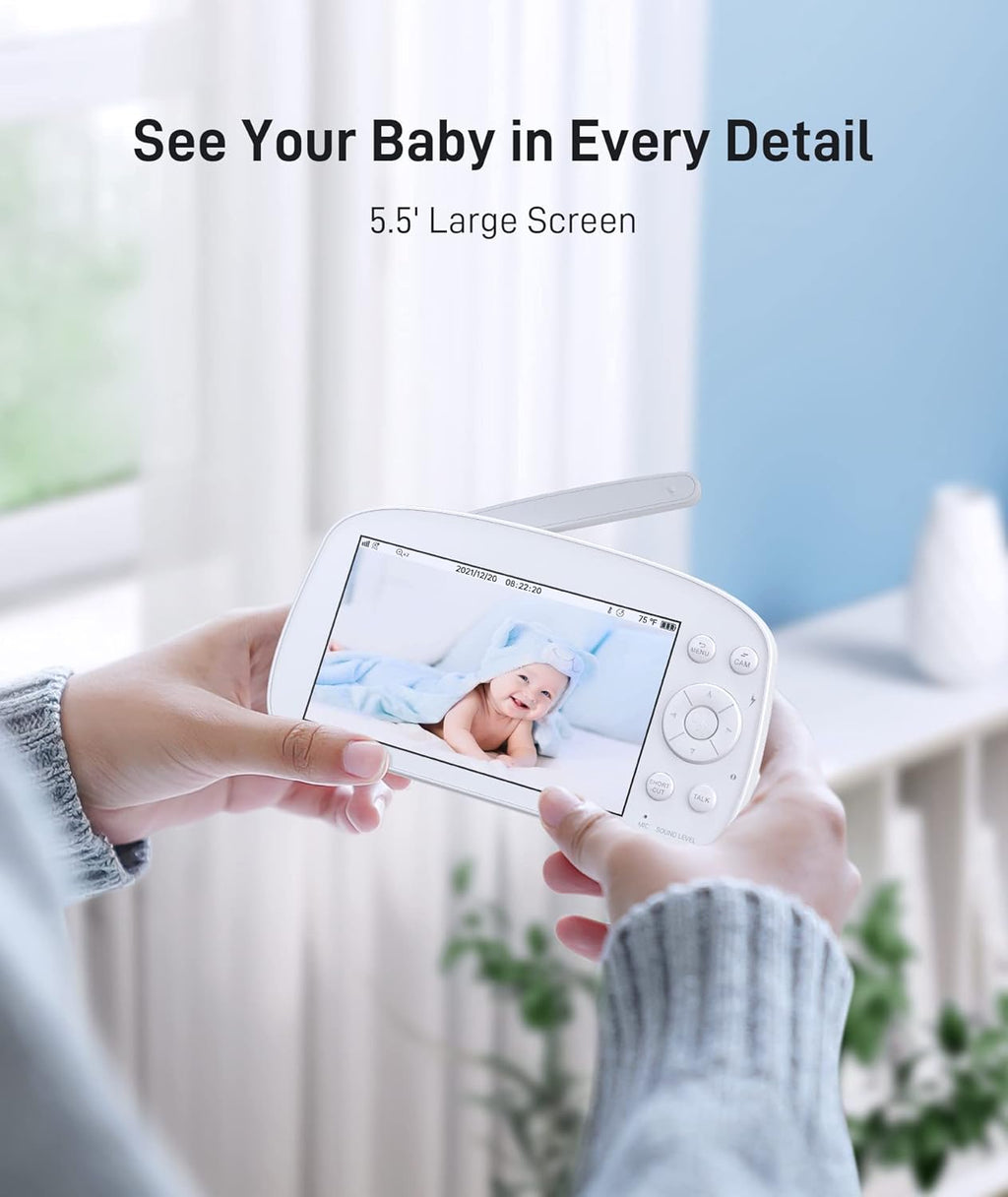 Video Baby Monitor with Camera and Audio 720P HD Resolution, 5.5 Display, Remote Pan/Tilt/Zoom, Two Way Audio, Night Vision, Lullabies, Room Temperature W811650