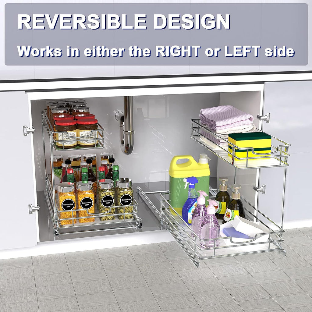 Under Sink Cabinet Organizer with 2 Tier Pull Out Sliding Shelf, 12.2Wx18.1Dx14.5H-Inch - Silver K2140