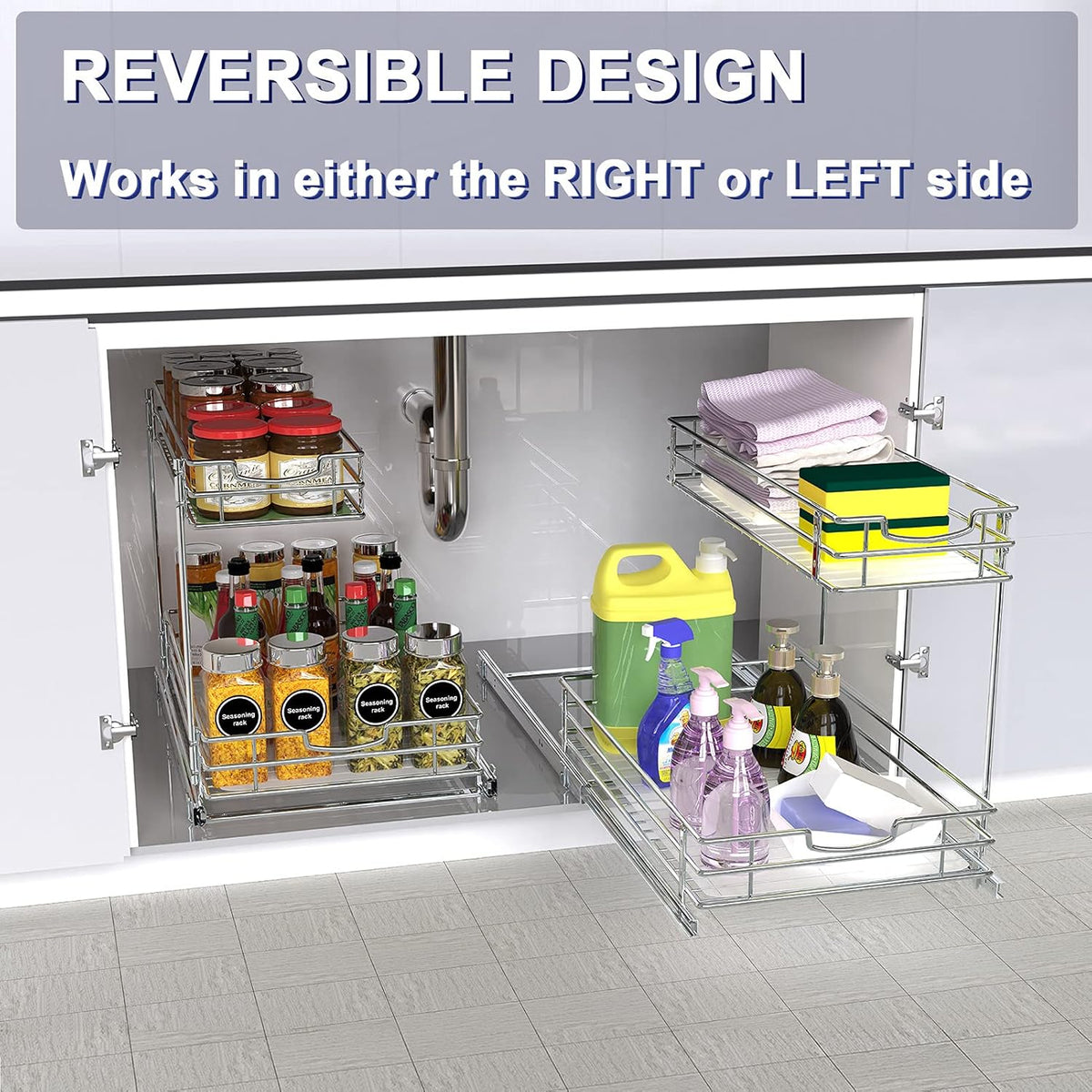 Under Sink Cabinet Organizer with 2 Tier Pull Out Sliding Shelf, 12.2Wx18.1Dx14.5H-Inch - Silver K2140