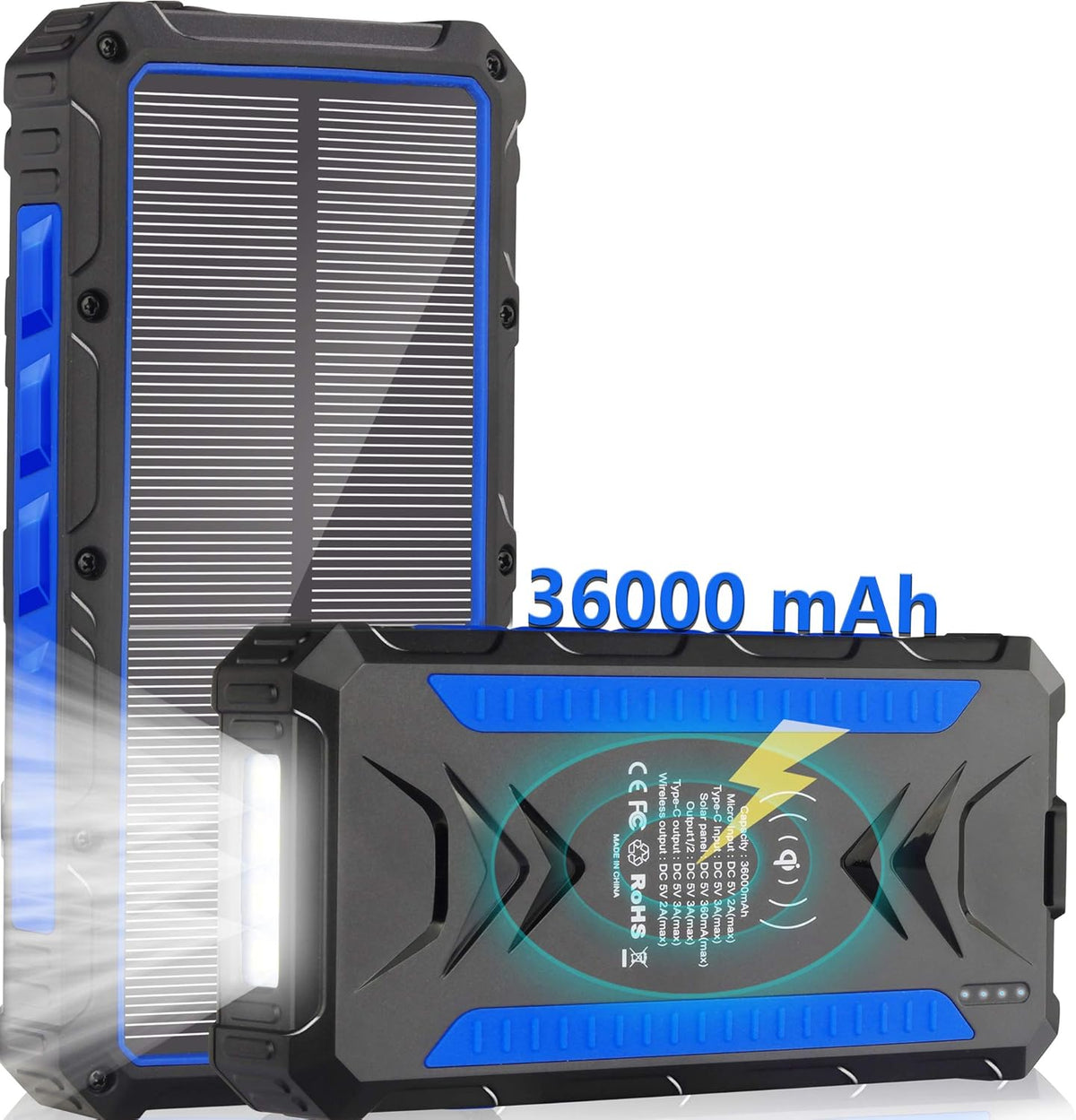Solar Charger Power Bank 30000mAh 20W QC3.0 Type C Micro USB Wireless Charging IP67 Waterproof External Battery Pack Pack of 2 L105640