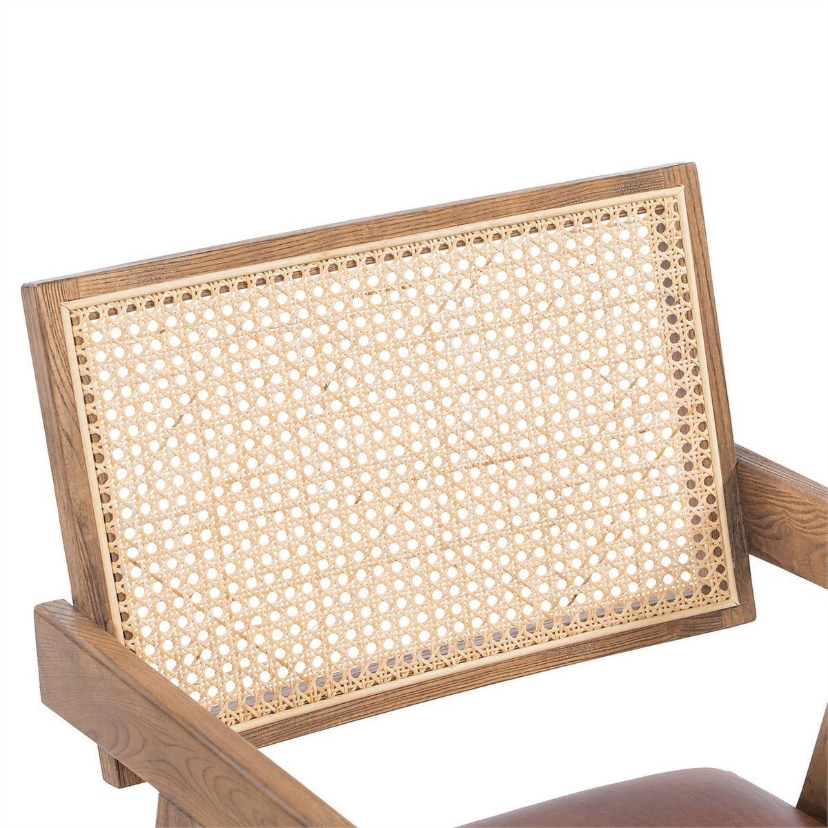 Tan Top-Grain Leather & Wood Dining Chair with Rattan Back C247