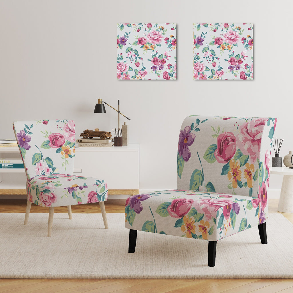 Vintage White And Pink Floral Pattern Upholstered Accent Chair K84533