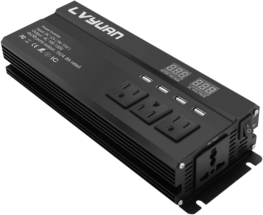 1000W Car Power Inverter DC 12V to 110V AC with 4 Outlets, 4 USB Ports, LED Display, Pack of 2 Z5173