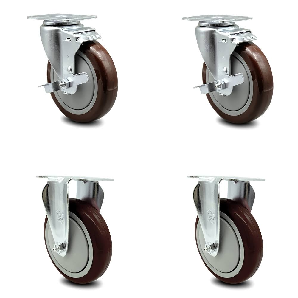 5 inch Maroon Polyurethane Swivel Caster Set with 2 Brakes 2 Rigid K47253