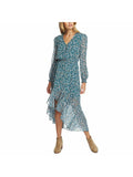 Teal Button Floral Long Sleeve V Neck Maxi Dress Plus 2X Z495
