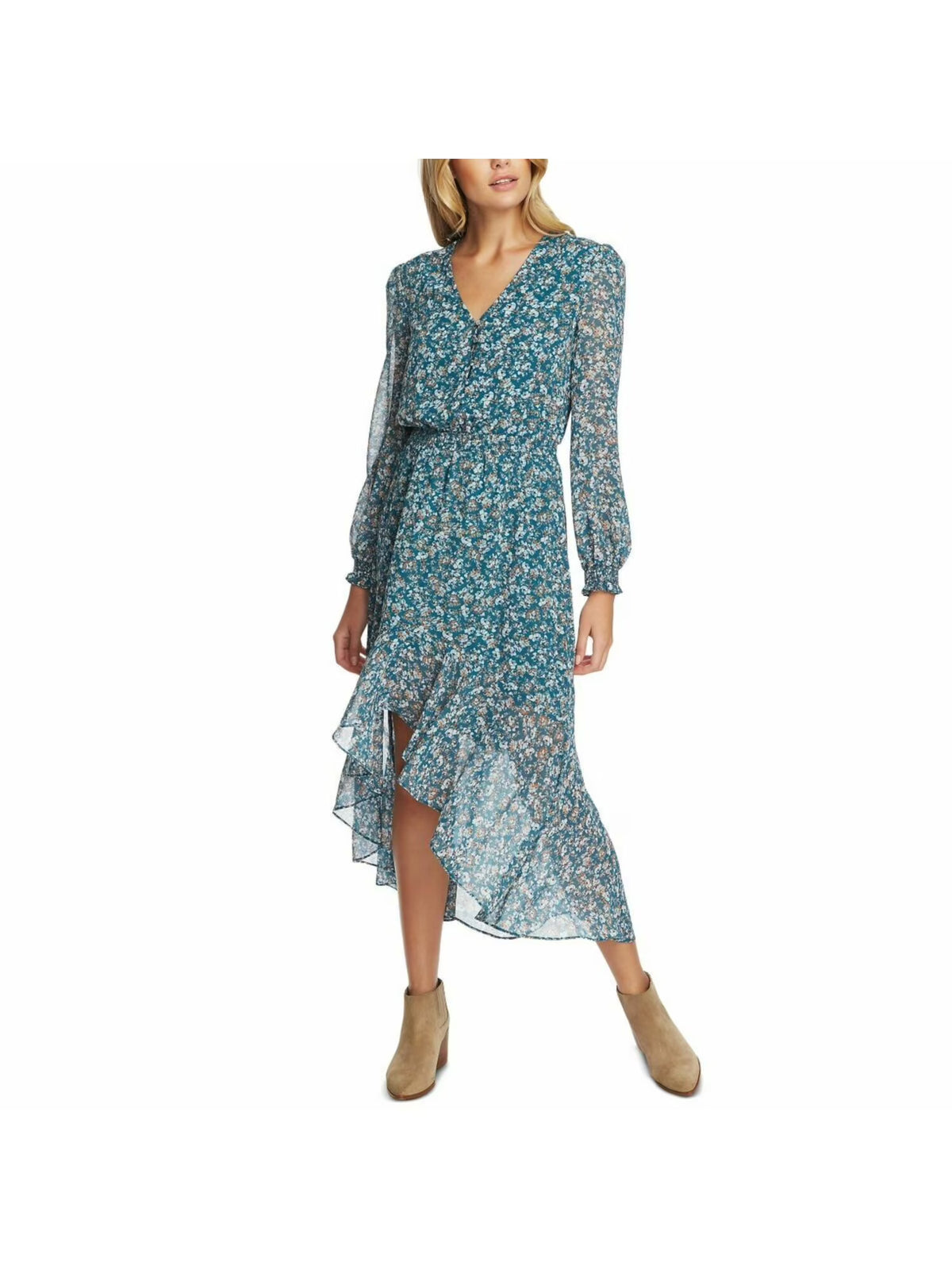 Teal Button Floral Long Sleeve V Neck Maxi Dress Plus 2X Z495