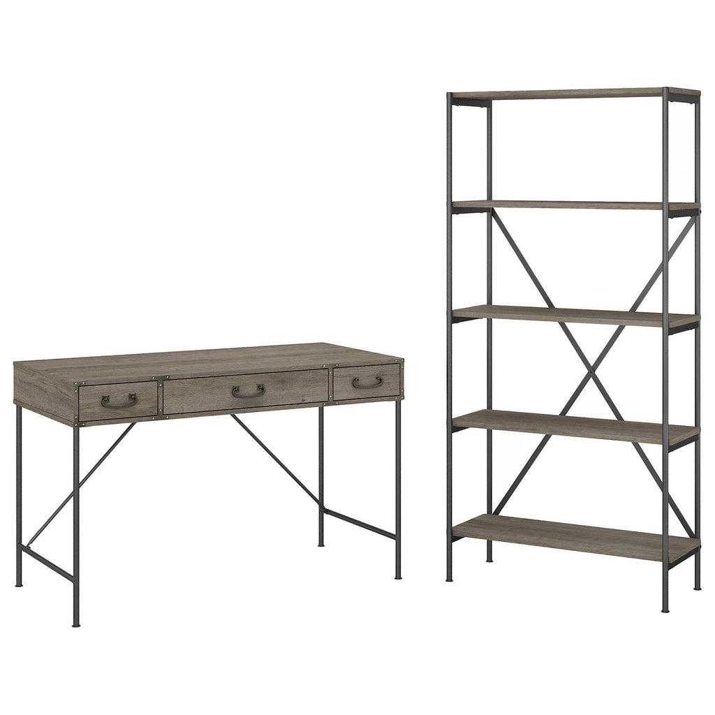 48W Writing Desk with Drawers and 5 Shelf Etagere Bookcase, Restored Gray R733