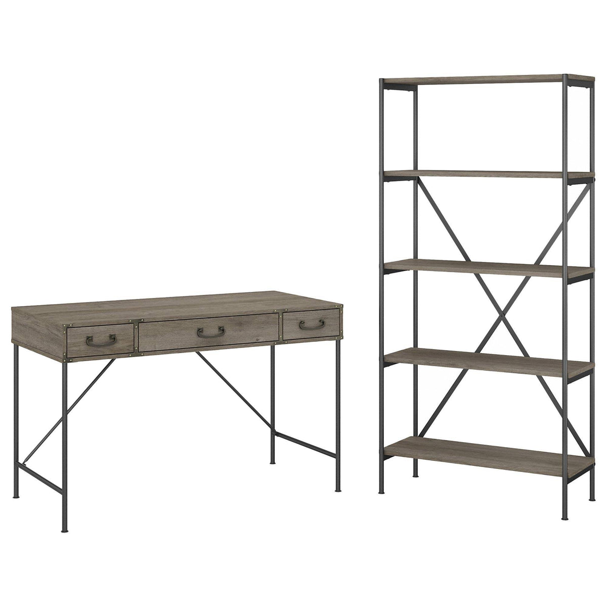 48W Writing Desk with Drawers and 5 Shelf Etagere Bookcase, Restored Gray R733