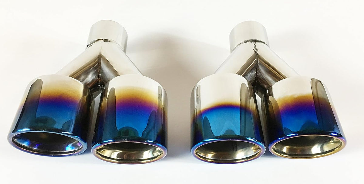 2.25" Inlet 3.00" X 2.5" Outlet 9.50" long Dual Round Staggered Slant Stainless Steel Blue Flame Exhaust Tip E225437