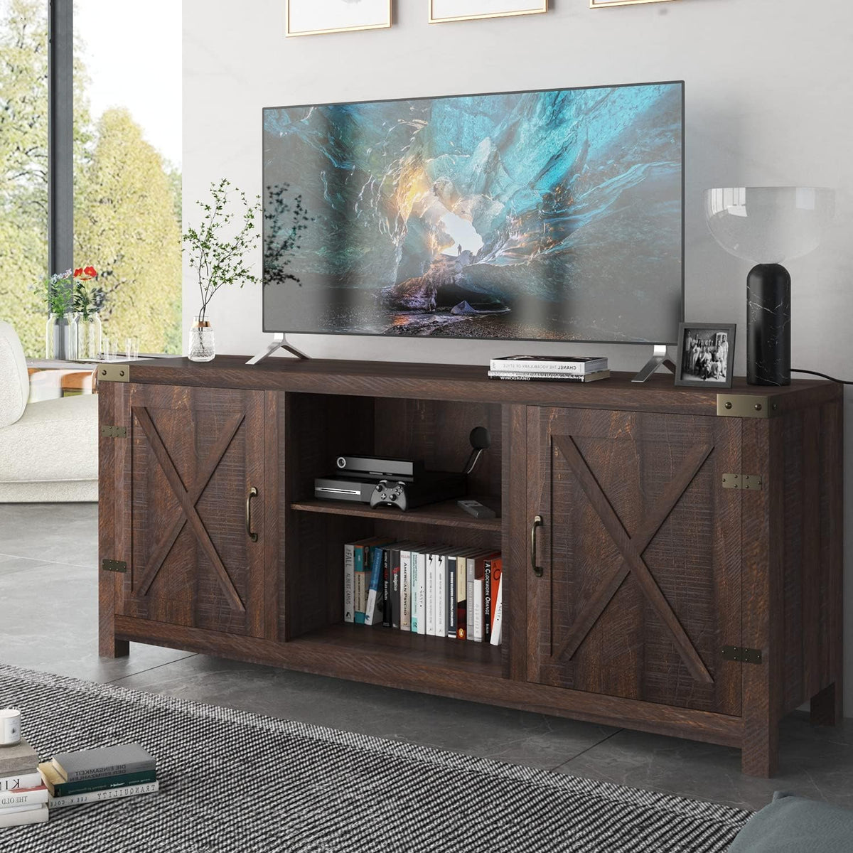 Espresso 58 TV Stand with Storage Cabinet and 3-Tier Adjustable Shelves E680