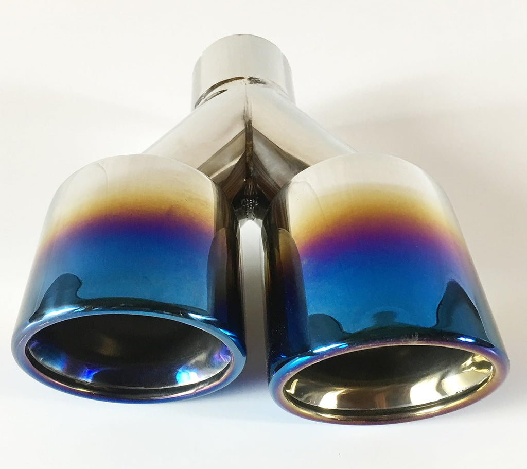 2.25" Inlet 3.00" X 2.5" Outlet 9.50" long Dual Round Staggered Slant Stainless Steel Blue Flame Exhaust Tip E225437