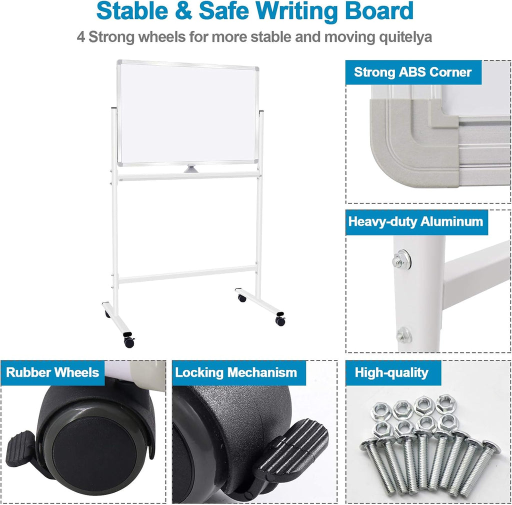 36x24 Double Sided Magnetic Dry Erase Board on Wheels with Stand L783