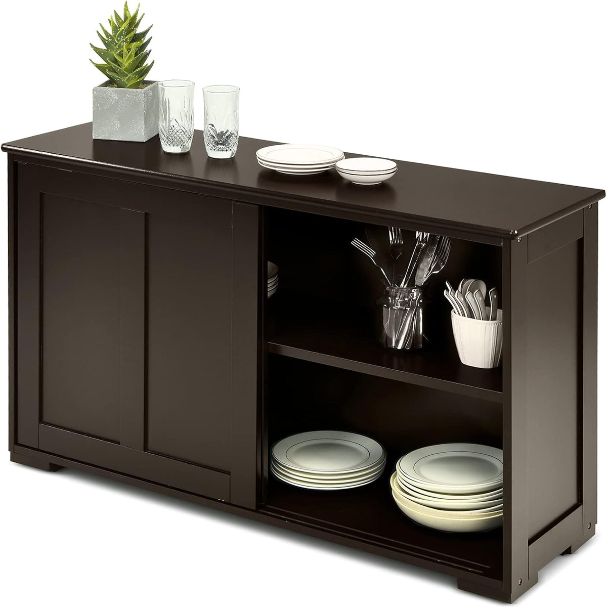 Brown Double-Layer Sliding Slat Door Storage Cabinet M354187
