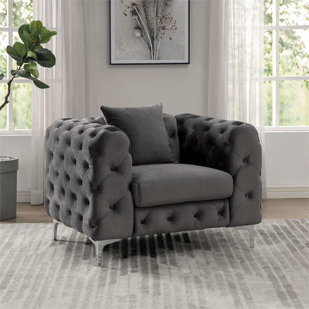 Dark Gray Fabric Tufted Chair I8107