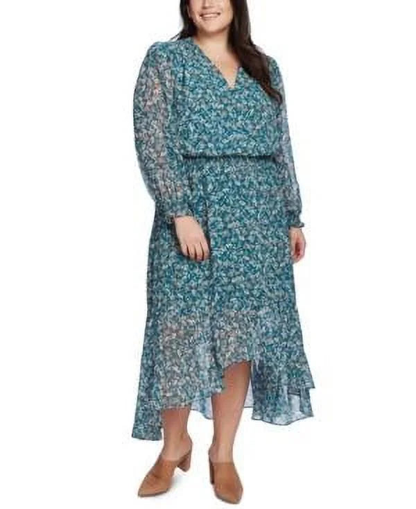 Teal Button Floral Long Sleeve V Neck Maxi Dress Plus 2X Z495