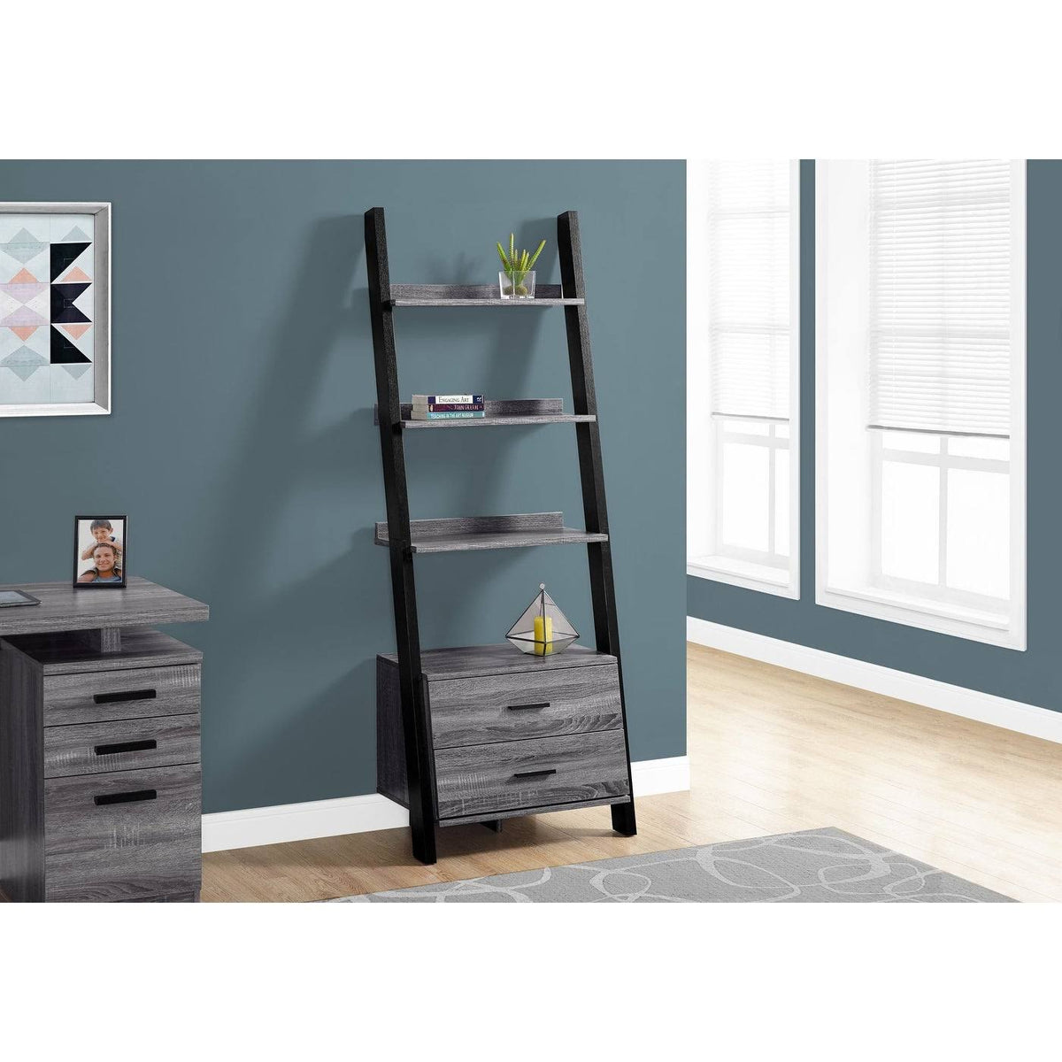 Grey-Black Ladder Bookcase with 2 Storage Drawer E3005