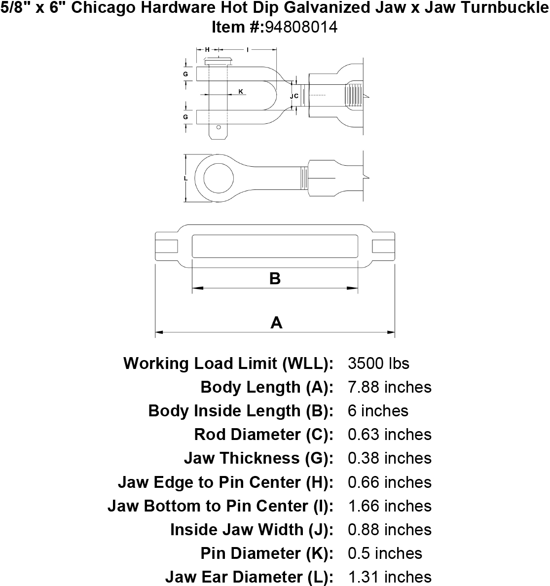 Turnbuckle Jaw and Jaw Hot Roll Galvanized Steel Y260